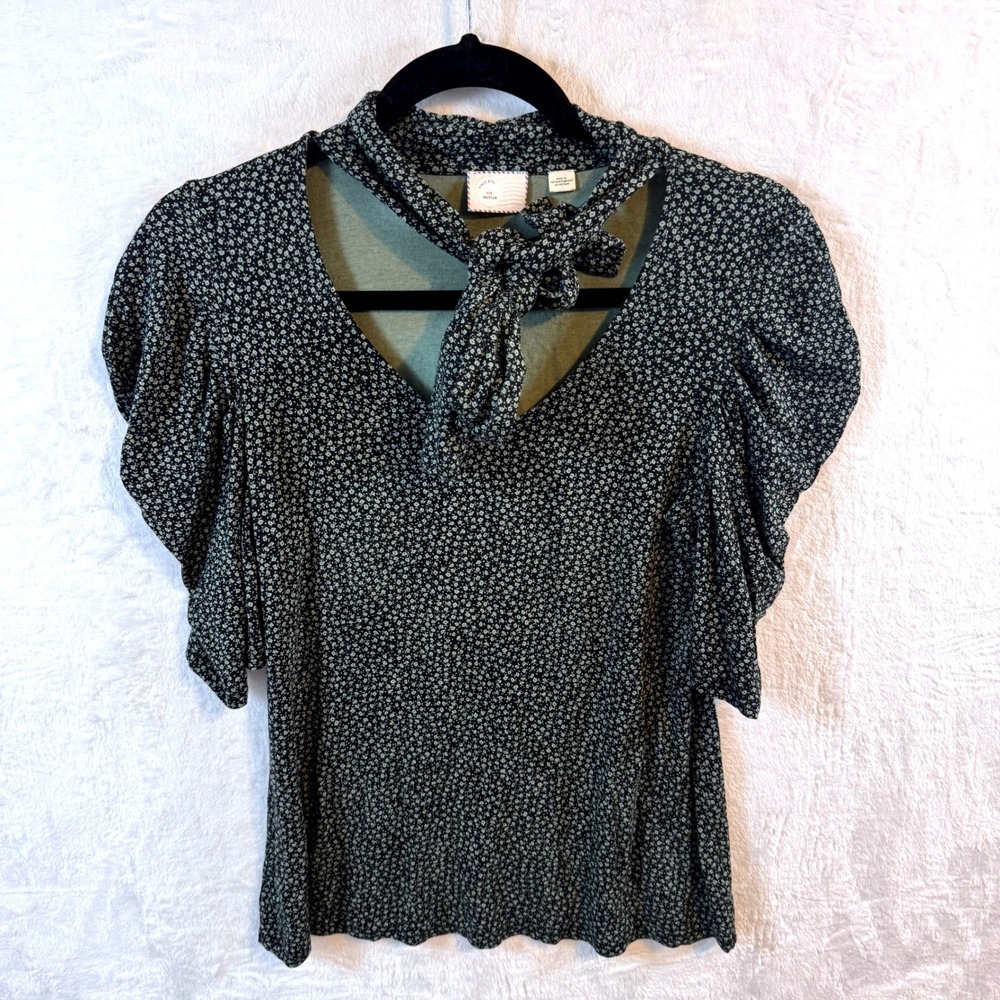 Anthropologie Postmark Retro Green Floral Tie Neck Puff Sleeve Blouse Size M